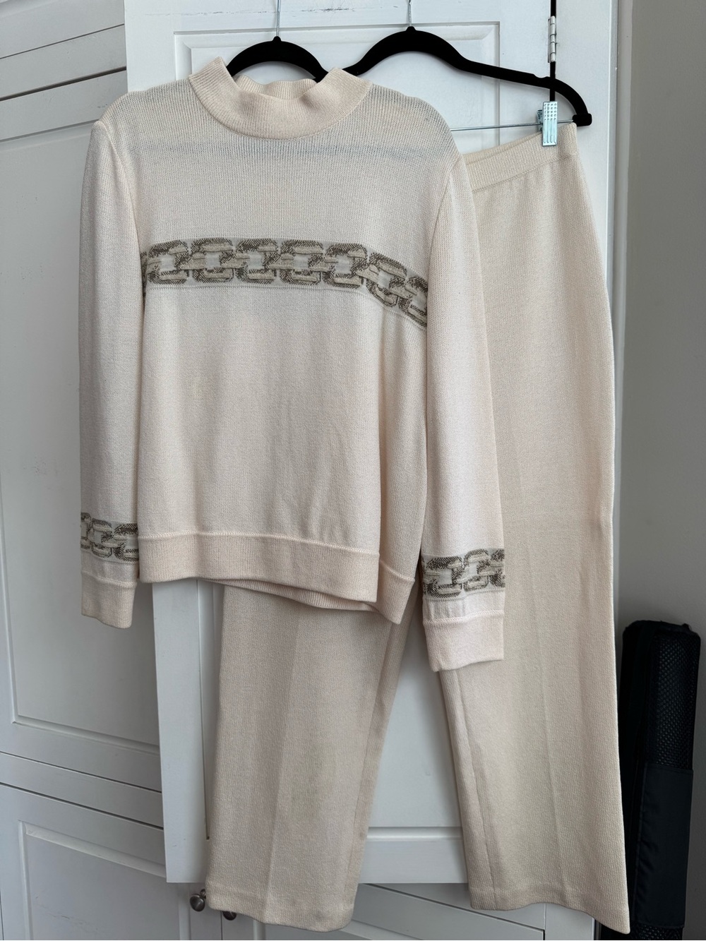 St. John Cream Turtleneck Sweater Set with Chain-Trim